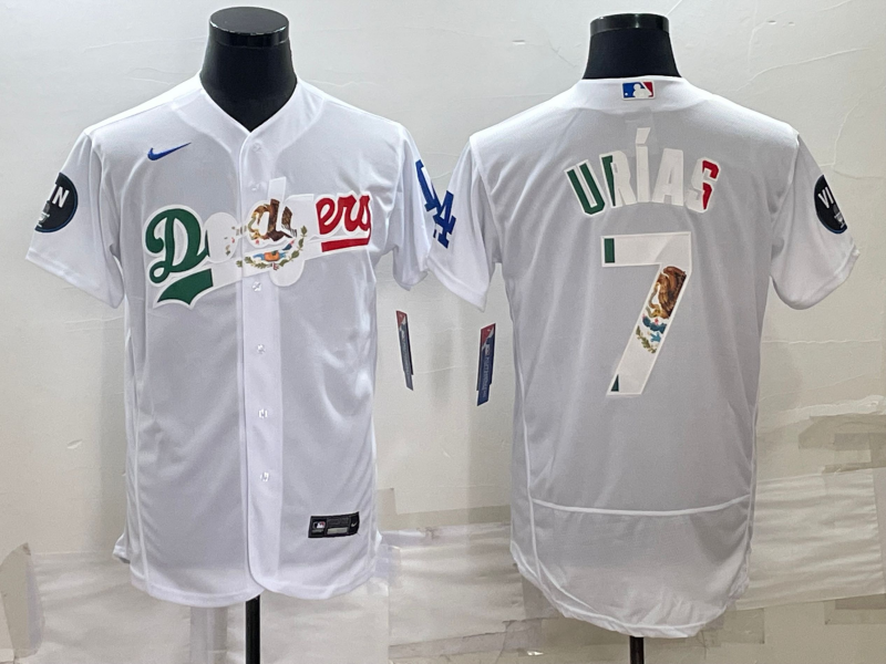 Men's Los Angeles Dodgers #7 Julio Ur??as White With Vin Scully Patch Flex Base Stitched Baseball Jersey